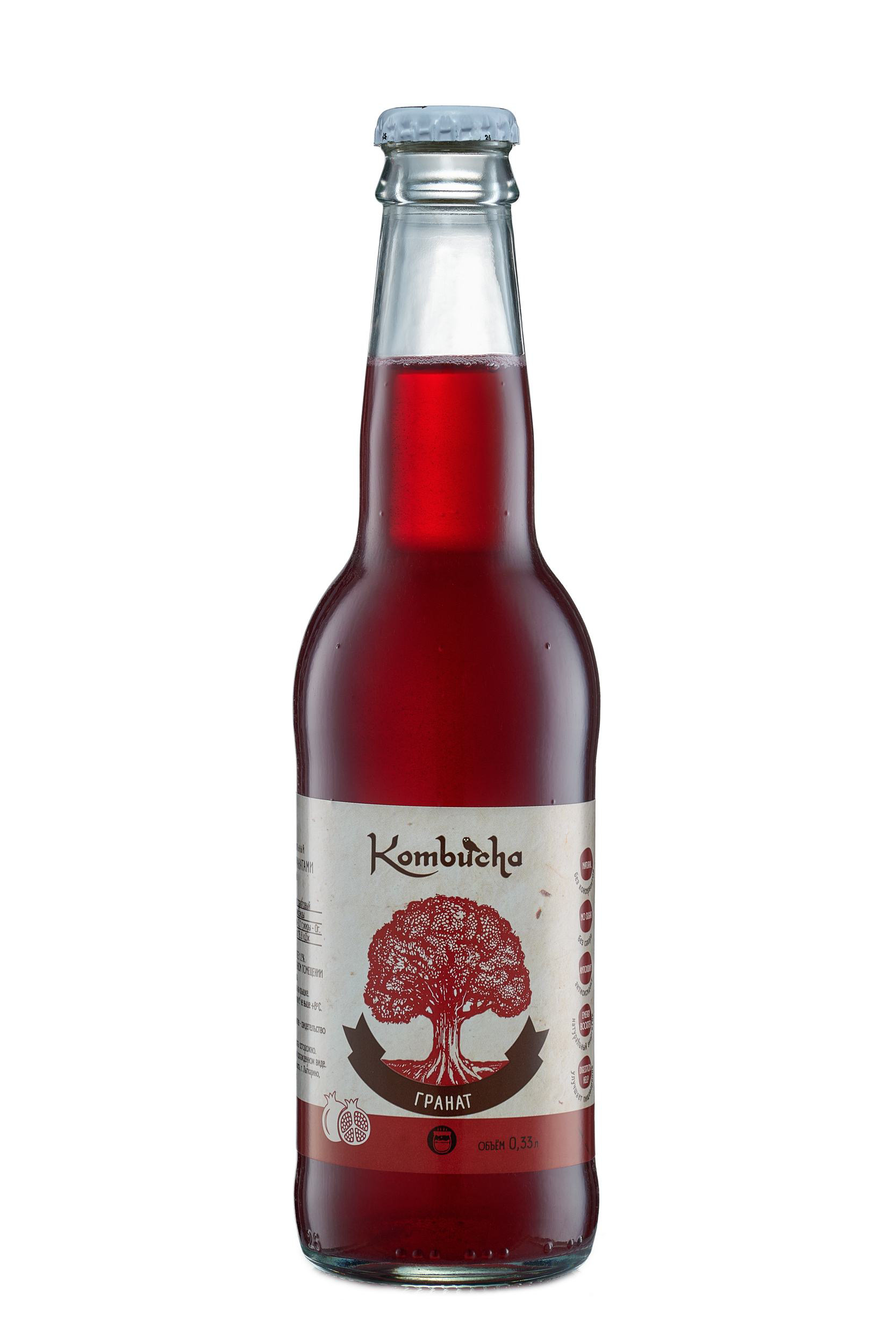 Стеклянная бутылка комбучи «Гранат» с фирменной этикеткой Kombucha